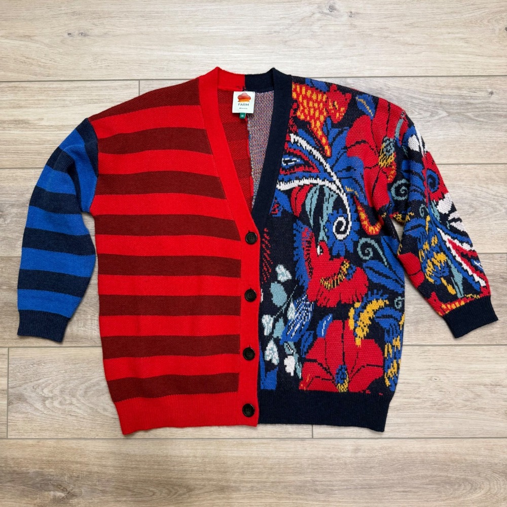 Farm Rio Forest Floral and Striped Knit Cardigan Red Blue XS‎ Oversized Sweater